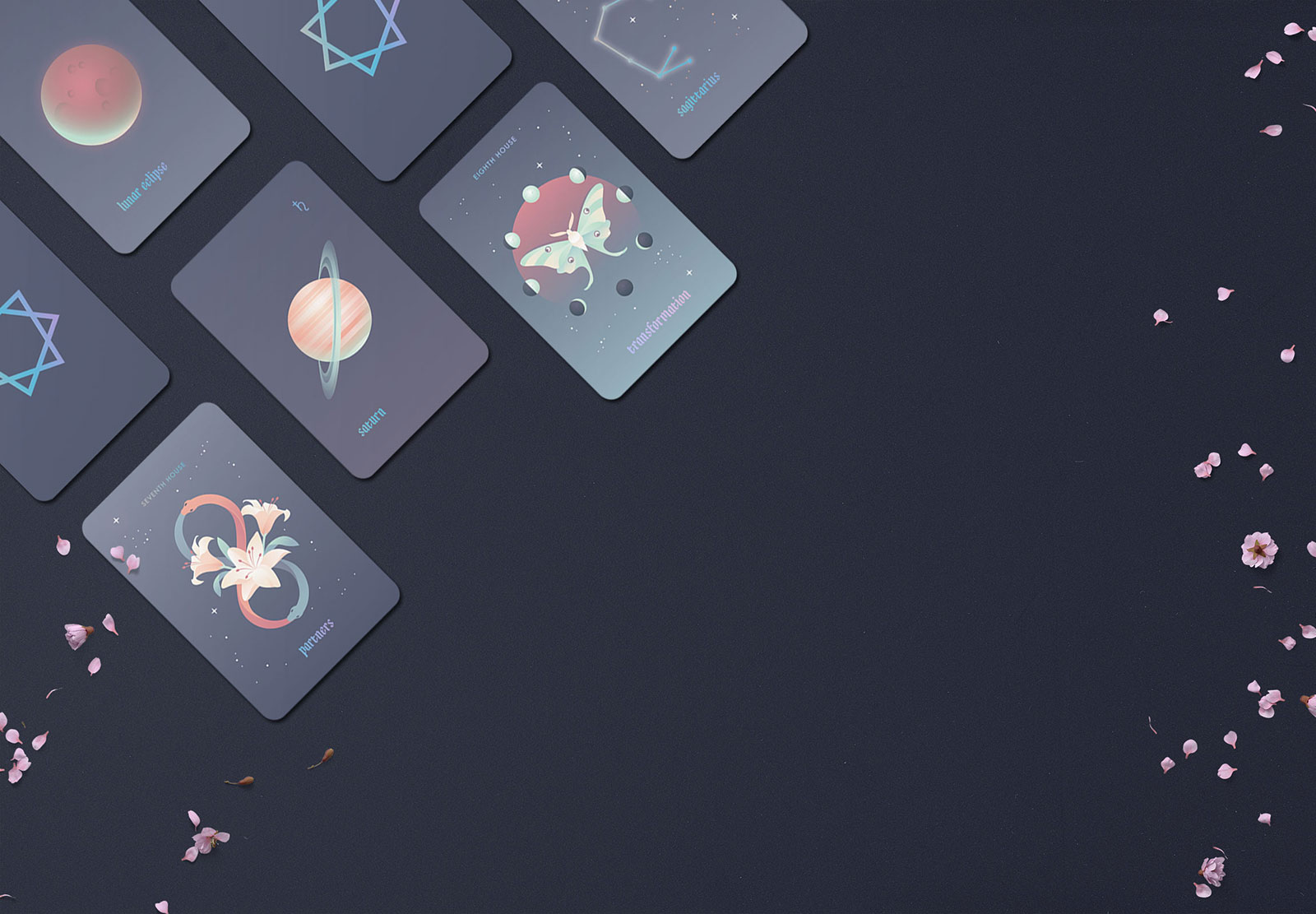 An enchanting astrology oracle deck featuring blue holographic detailing and edges, with calming and minimal full-bleed illustrations.