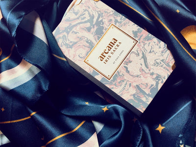 Arcana Iris Sacra Tarot and Astrology Set - Night altar cloth with tarot deck.