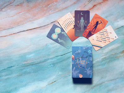 Seventh Sphere Tarot and Lenormand Set - Seventh Sphere Rider Waite Smith Deck - Box with sampling of minor arcana cards.