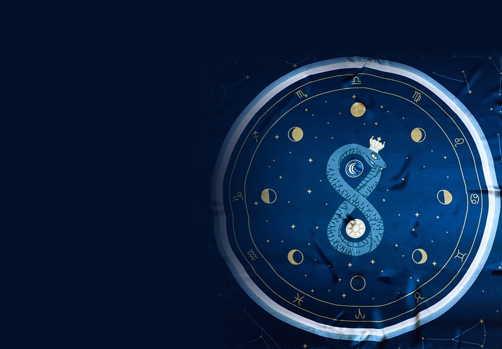 Tarot cloth companion for the Arcana Iris Sacra and Claves Astrologicae. Featuring coiled serpent, dualities, moon phases, and zodiac signs for intuitive placement of tarot cards.