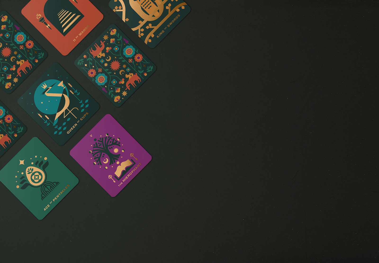 A folk art inspired miniature tarot deck printed in bold colors and gold metallic ink for a subtle sheen. Adorned with holographic gold edges.