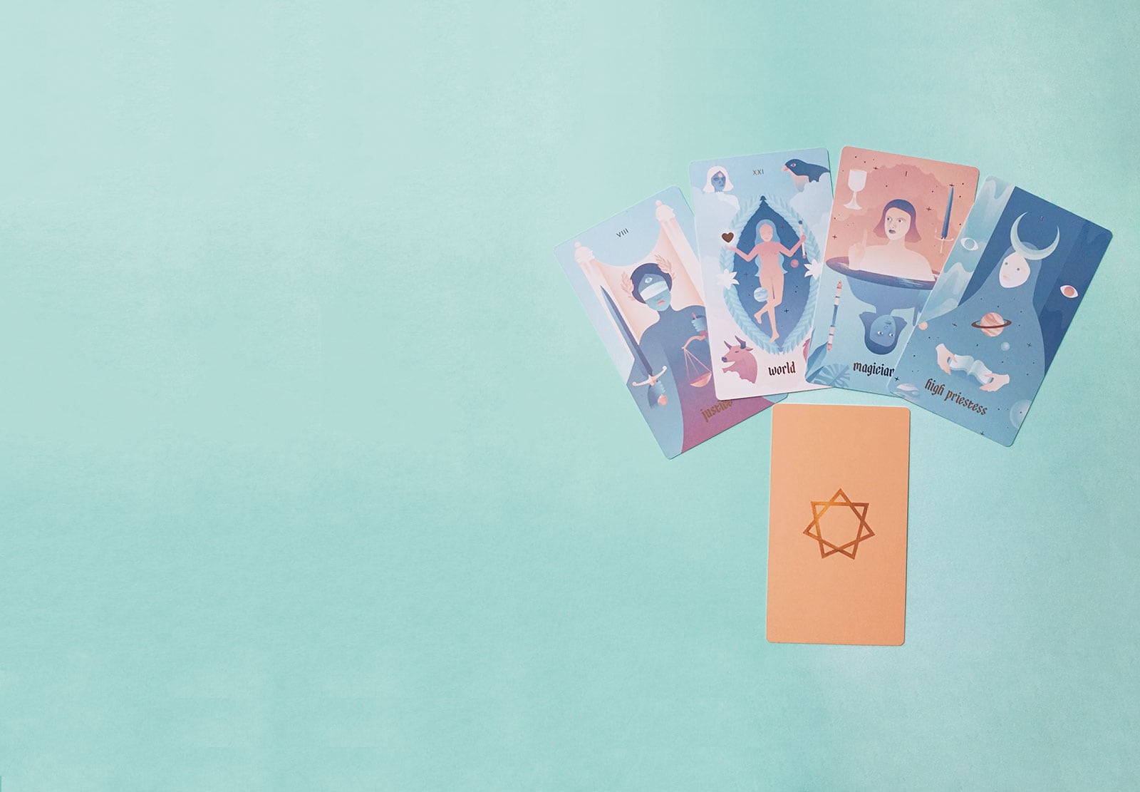 A modern Marseille tarot deck featuring rose gold detailing, rose gold edges, and bright, gentle, colorful full-bleed illustrations. Companion to the Seventh Sphere Lenormand deck.