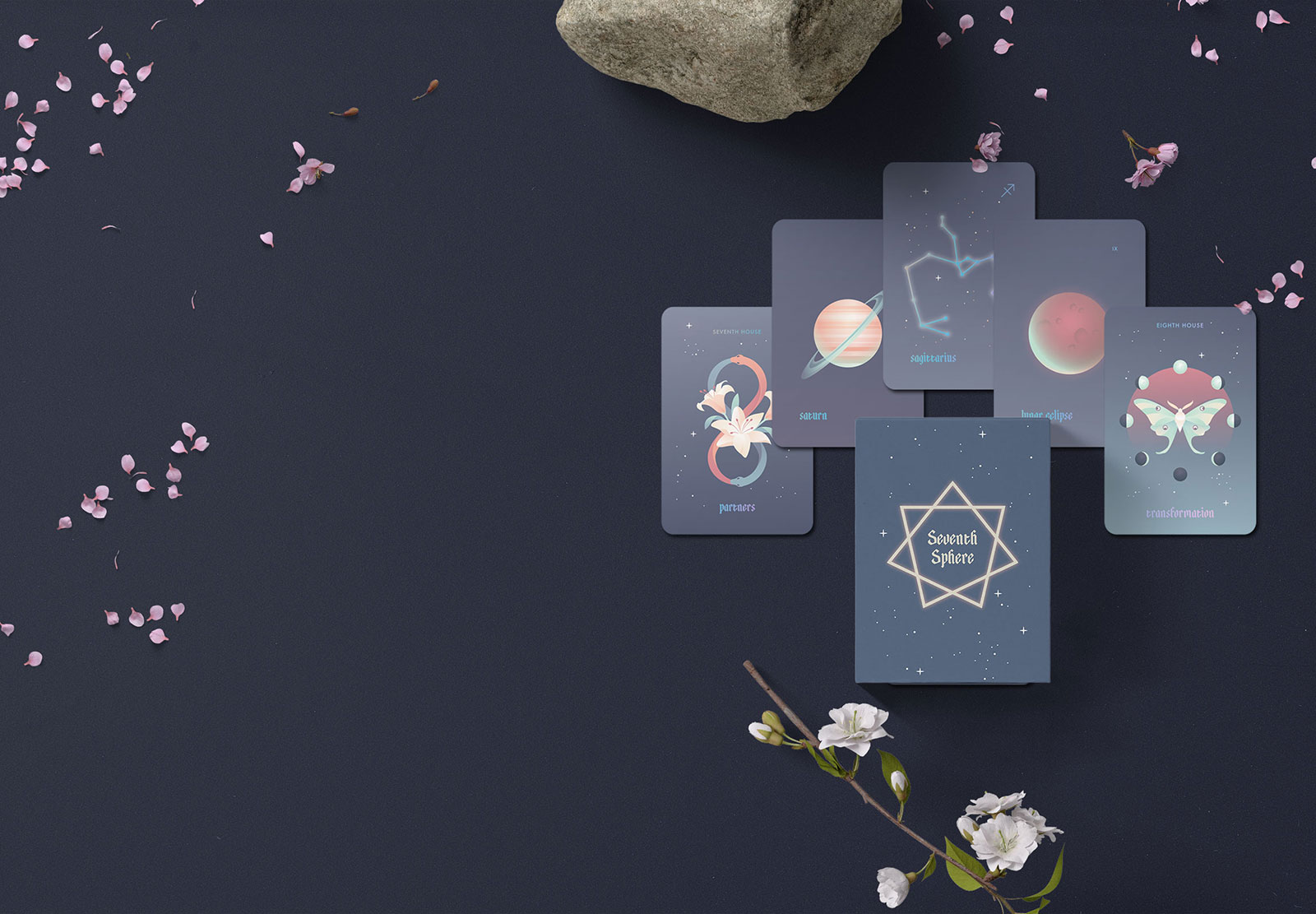 An enchanting astrology oracle deck featuring blue holographic detailing and edges, with calming and minimal full-bleed illustrations.